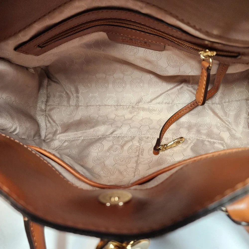 Michael Kors Hamilton Satchel Brown Monogram Canvas Tan Leather Gold Padlock Bag